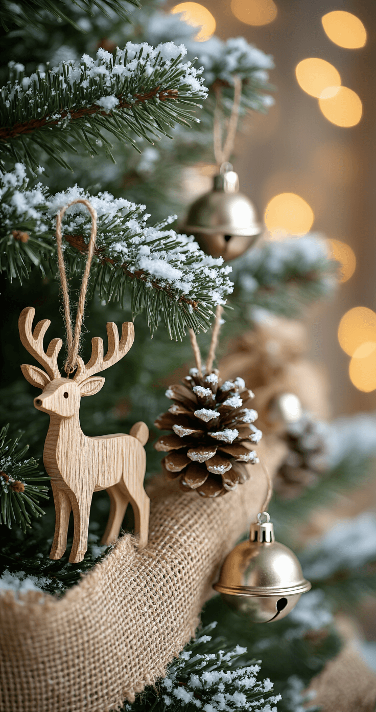 Close-up of woodland Christmas tree ornaments featuring a hand-carved wooden deer, snow-dusted pinecones, burlap ribbon garland, and silver jingle bells, with heavily flocked branches and blurred warm fairy lights creating a cozy bokeh effect.