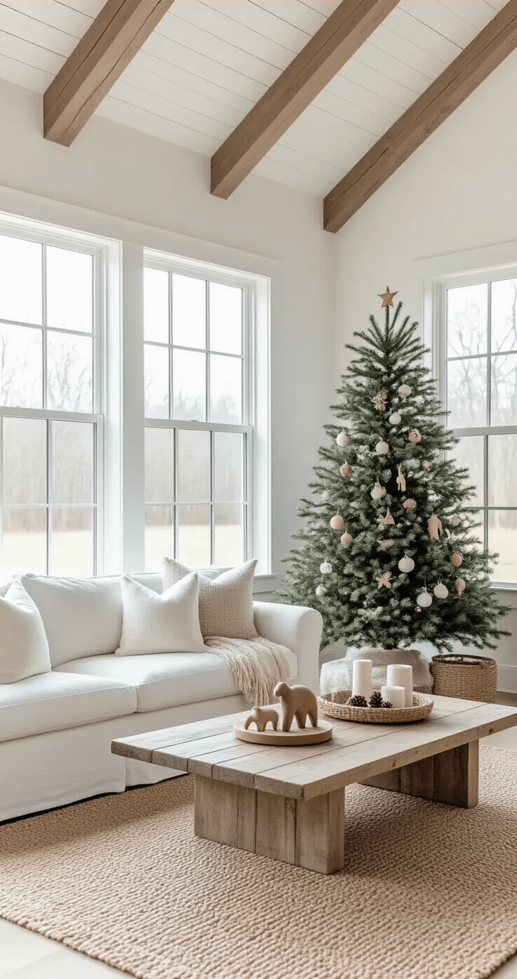 Modern farmhouse living room with a minimalist woodland Christmas tree, bright morning light streaming through large windows, white walls, and natural wood beam ceiling, featuring a curated selection of natural ornaments and surrounding furniture in a neutral color palette.