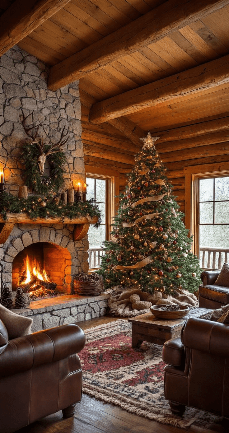 A cozy rustic cabin interior featuring a decorated woodland Christmas tree in the corner, a crackling stone fireplace, leather furniture, and natural elements like antlers and pinecones, all illuminated by warm evening lighting.