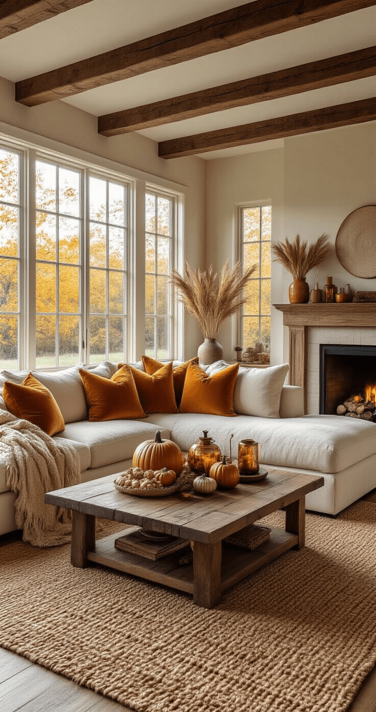 Cozy autumn living room featuring exposed wooden beams, large windows with golden hour light, a plush cream sectional with burnt orange and mustard yellow pillows, and a walnut coffee table decorated with ceramic pumpkins and copper candlesticks, all surrounded by layered jute and wool rugs. Dried wheat bundles and amber glass lanterns adorn the mantelpiece, captured from the dining area entrance.