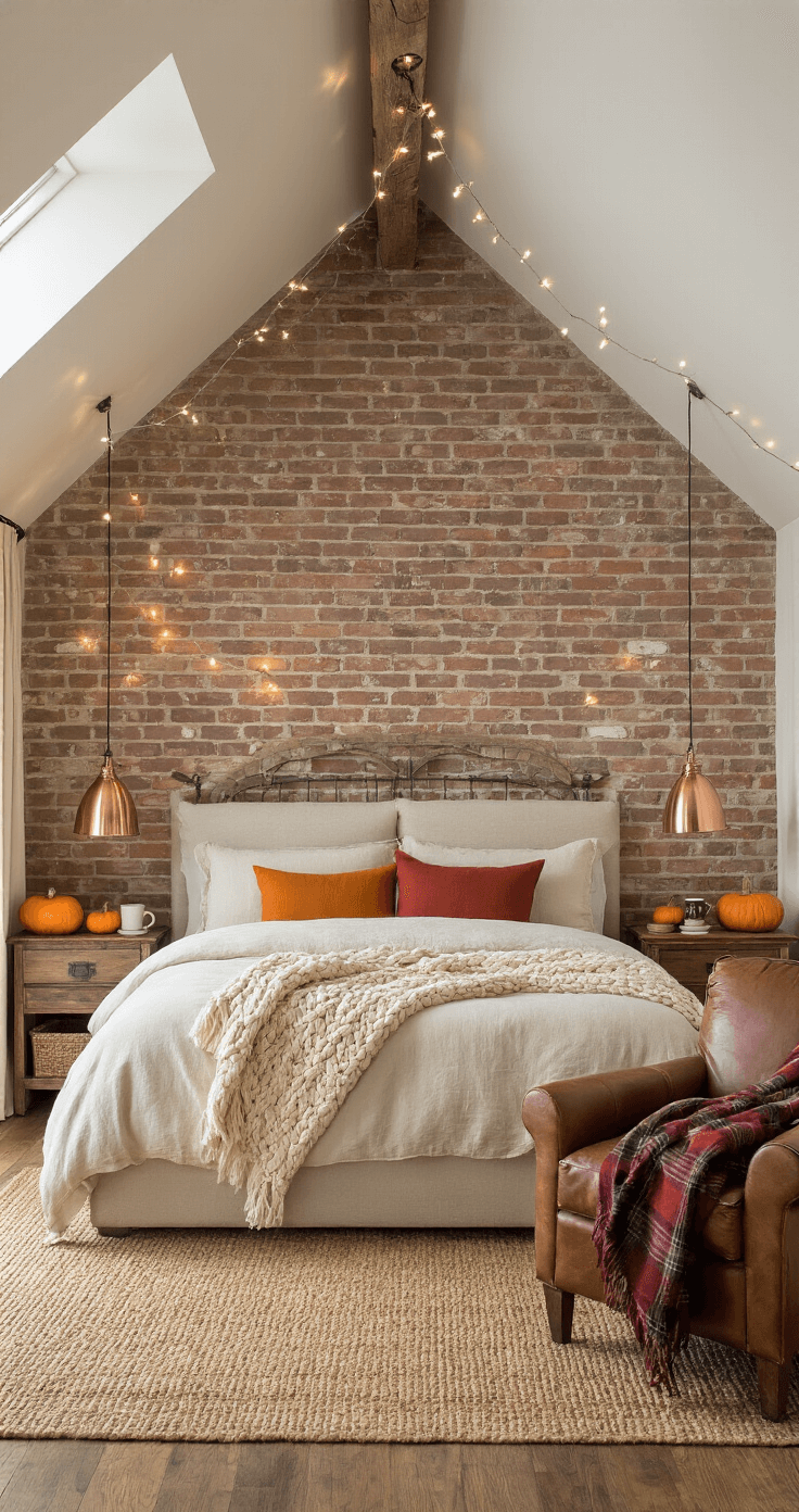 Autumn-themed bedroom sanctuary featuring a king bed with cream linens and vibrant throw pillows, exposed brick accent wall, reclaimed wood nightstands with copper lamps, vintage leather armchair in a cozy reading nook, jute rug on hardwood floors, and soft morning light filtering through linen curtains.