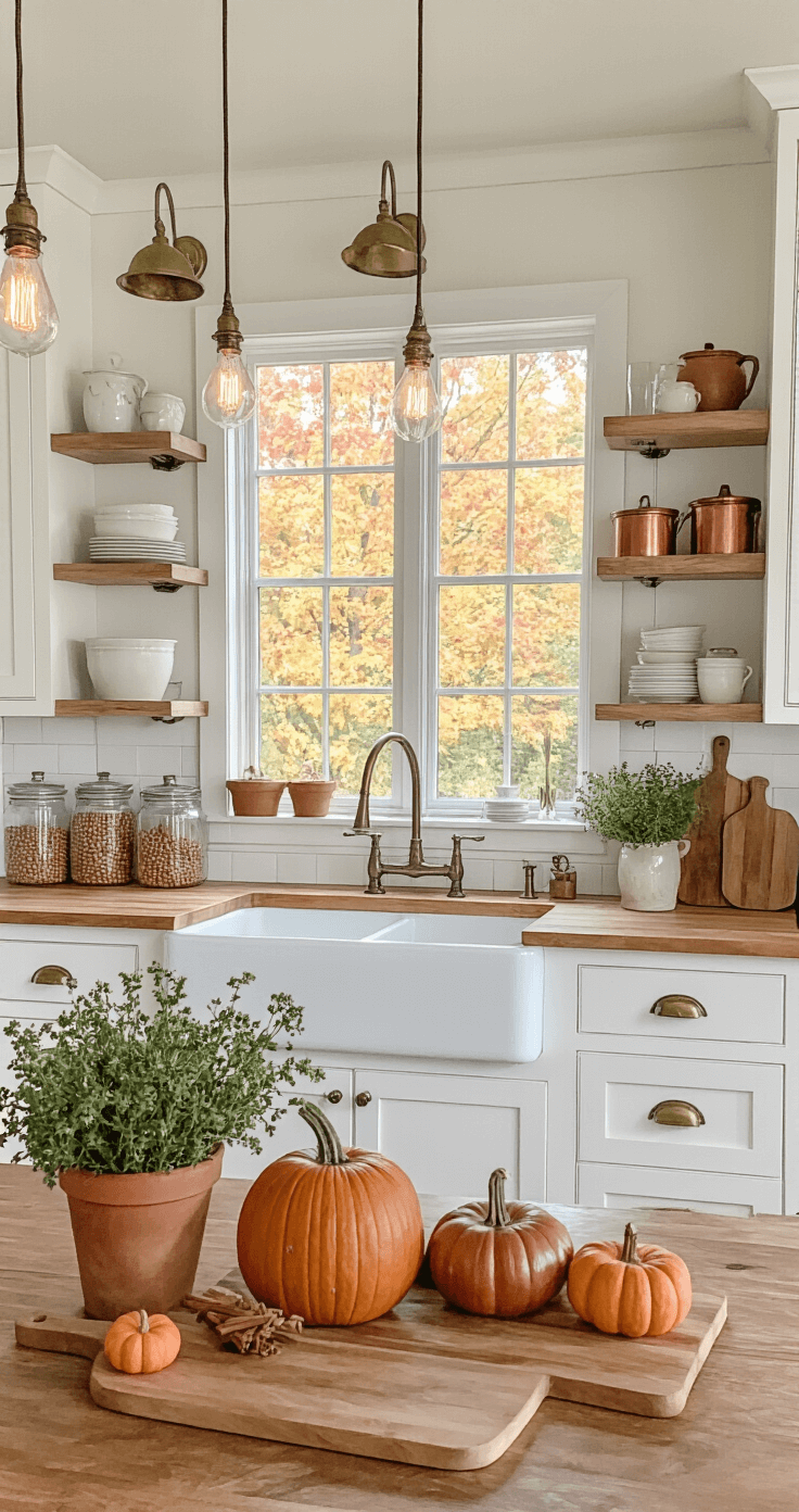 Autumn-themed kitchen vignette featuring white shaker cabinets with butcher block countertops, a farmhouse sink under a window with fall foliage views, open shelving displaying cream stoneware and copper pots, a kitchen island styled with wooden cutting boards, mini pumpkins, and fresh herbs in terracotta pots, illuminated by pendant lights with Edison bulbs and enhanced by under-cabinet LED strips, with vintage brass hardware for added warmth.