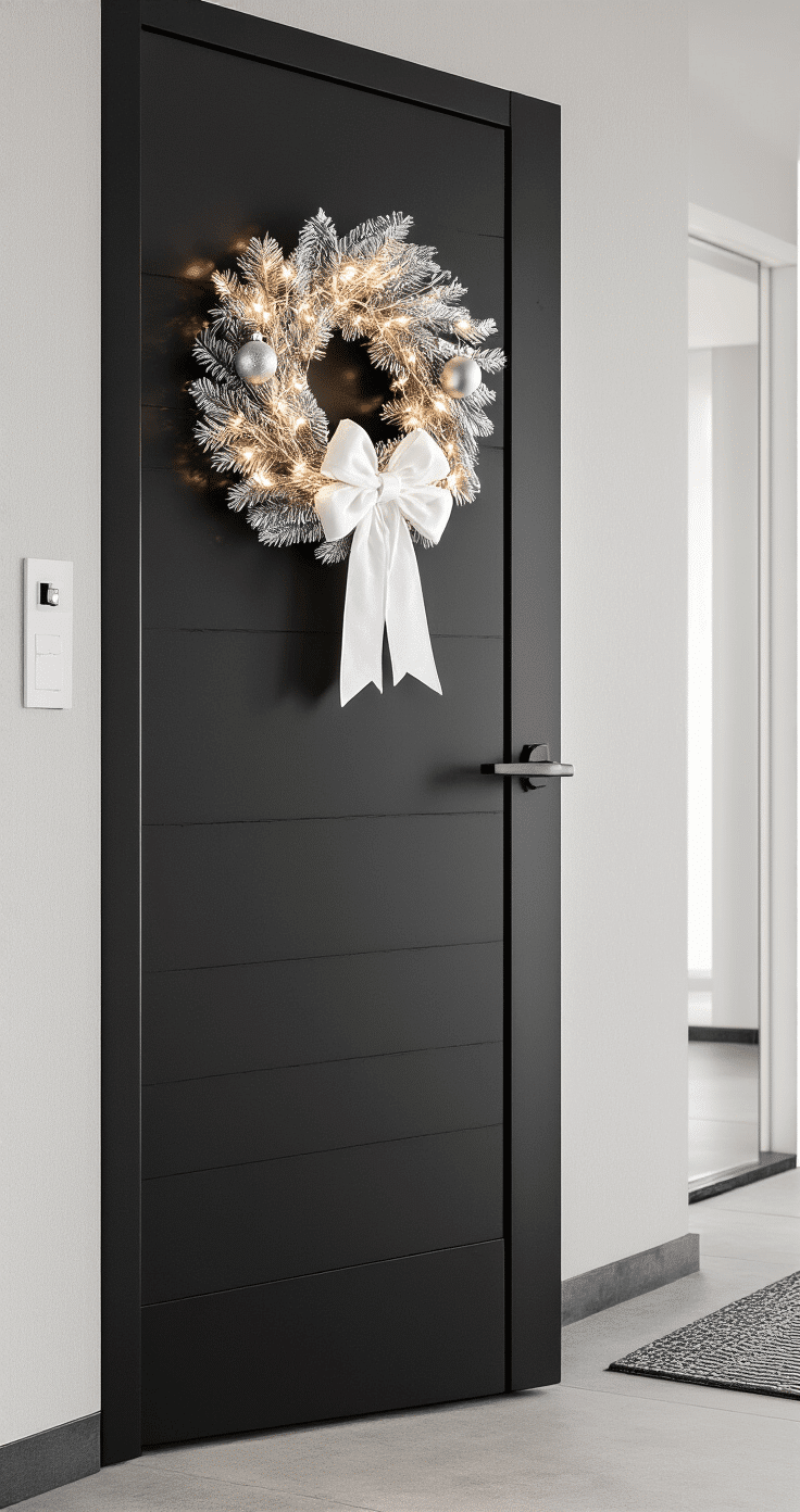 Modern minimalist apartment entrance showcasing a sleek black door adorned with a geometric silver and white wreath, LED string lights, and brushed steel hardware, set against a clean concrete hallway illuminated by recessed lighting, featuring a luxurious white velvet bow and a charcoal gray geometric doormat.