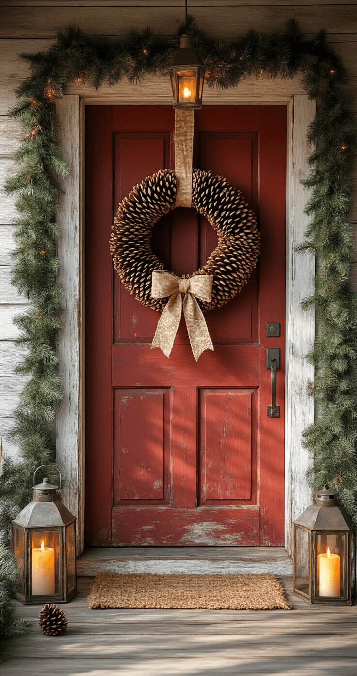 Charming rustic farmhouse door adorned for Christmas, featuring a weathered barn-red door, a handcrafted pinecone wreath with burlap ribbon, galvanized metal lanterns with flickering LED candles, and a wooden porch dressed in evergreen garland and pinecones, all basking in morning sunlight that filters through bare winter branches.