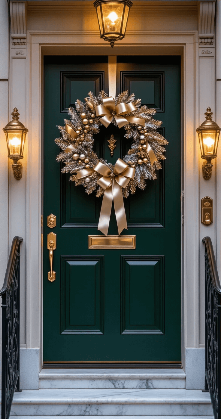 Elegant forest green urban doorway adorned with a luxurious silver and gold Christmas wreath, warm brass fixtures, and soft evening lighting, set against polished marble steps and ornate iron railings, emphasizing the wreath's intricate details.