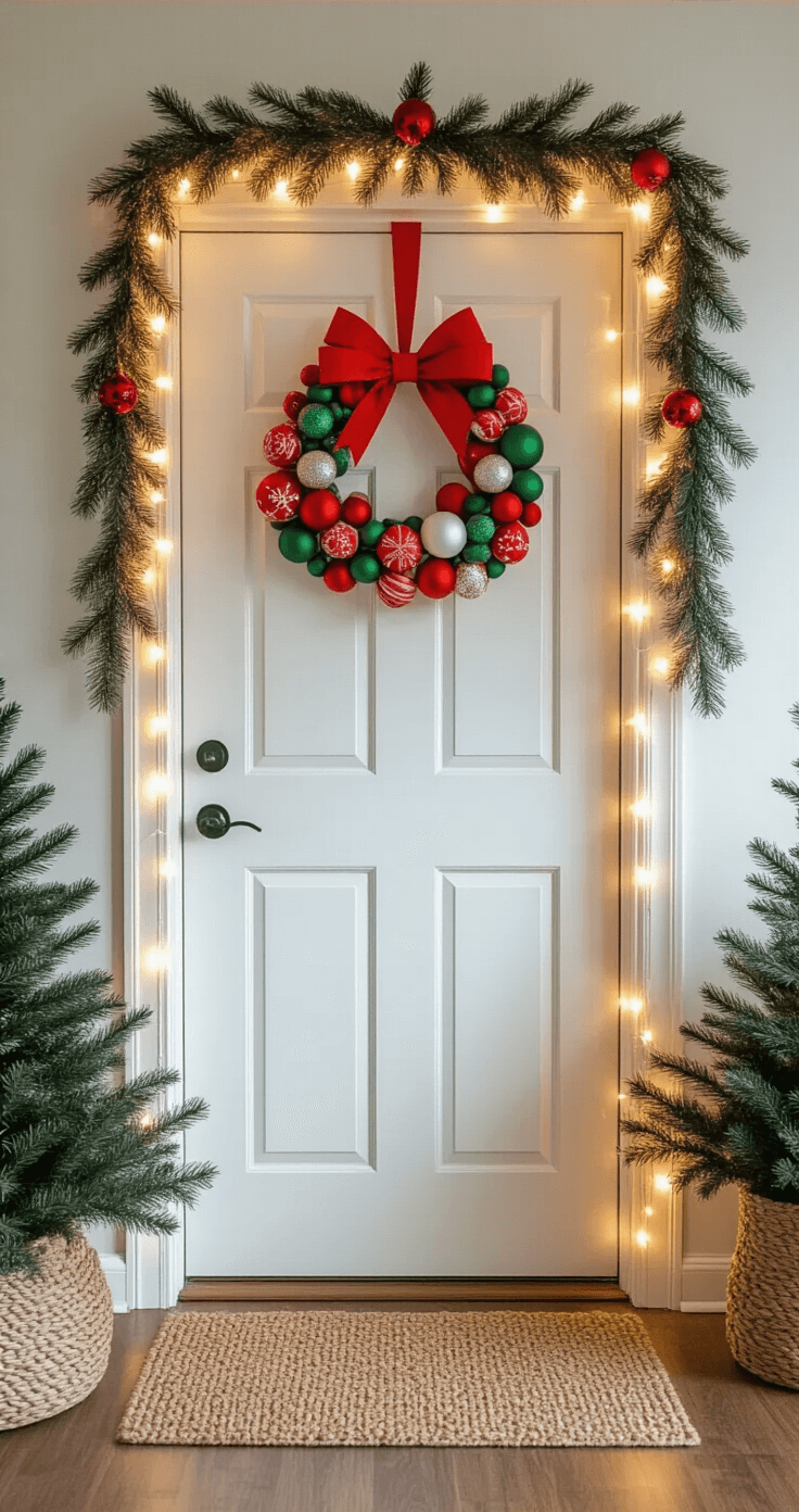 Cozy apartment entrance decorated for Christmas with a white door adorned with a handmade paper bow in red and green patterns, repurposed ornaments clustered asymmetrically, warm white battery lights outlining the doorframe, foraged pine branches, a neutral-toned woven doormat, and a mix of bright fluorescent and warm decorative lighting.