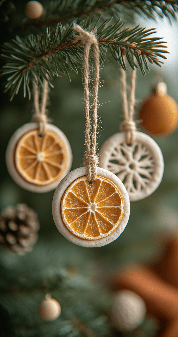 Close-up macro shot of handcrafted salt dough ornaments on hemp twine, adorned with dried citrus slices and wooden beads, illuminated by soft morning light, set against blurred warm terracotta and sage green textiles.