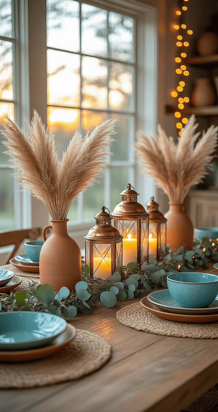 A beautifully styled dining room sideboard featuring copper lanterns, dried pampas grass in ceramic vases, and warm fairy lights, all illuminated by golden hour lighting, with a rustic tablescape of jute placemats, terracotta dinnerware, and turquoise pottery accents.