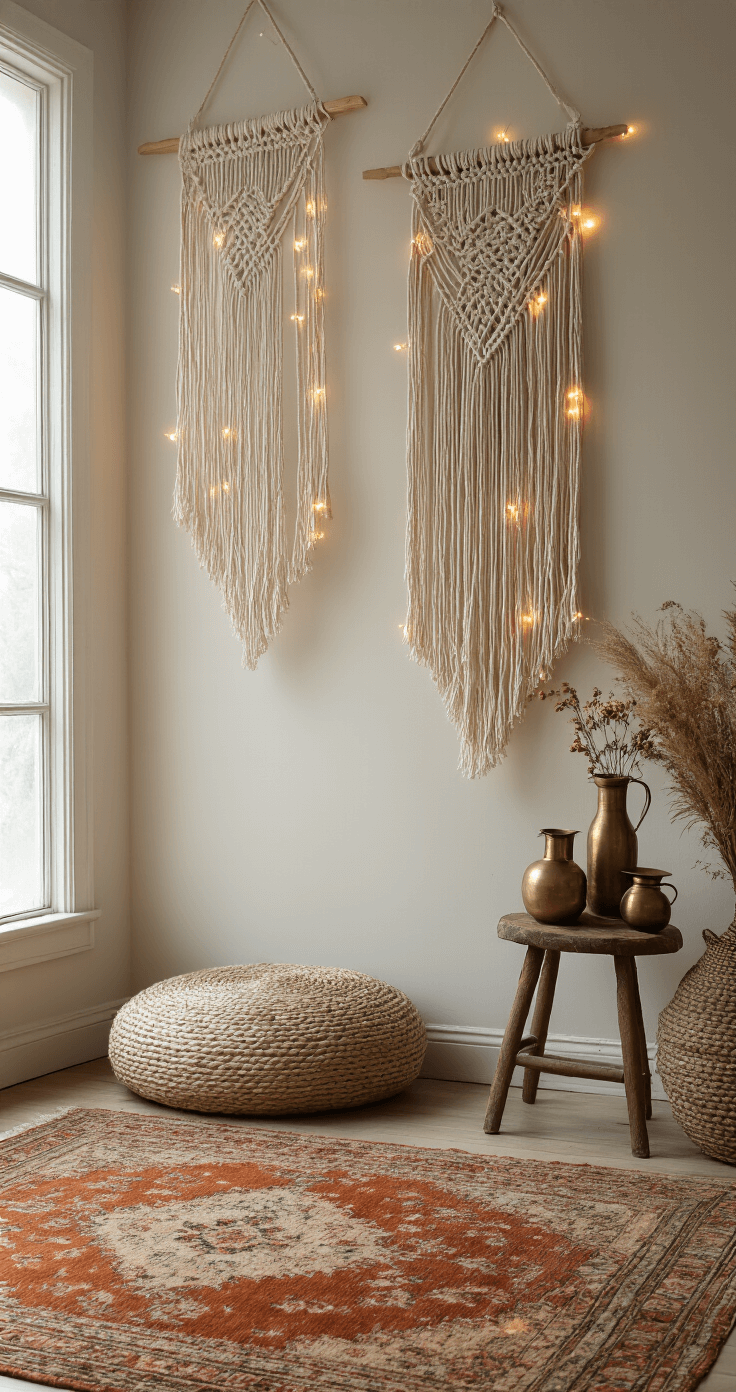 Low-angle shot of a corner adorned with floor-to-ceiling macramé wall hangings integrated with fairy lights, bathed in soft morning light. Layered vintage Persian rugs in rust and sage tones, a weathered wooden stool with brass vessels and dried florals, and natural textures create a cozy bohemian atmosphere.