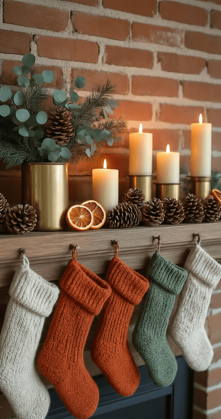 A cozy mantelpiece adorned with asymmetrical arrangements of dried orange slices, pinecones, and eucalyptus branches in brass vases, illuminated by warm candlelight from variously-heighted pillar candles, casting shadows on an exposed brick wall. Chunky knit stockings in terracotta and sage hang from rustic wooden pegs, enhancing the earthy textures and colors of the boho Christmas decor.