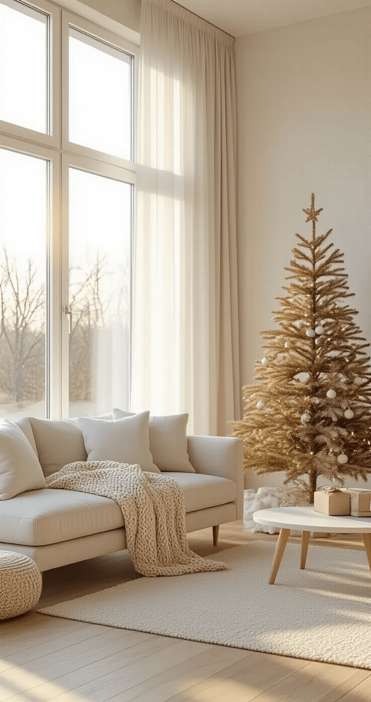Photorealistic interior of a modern living room featuring floor-to-ceiling windows with golden hour sunlight, a minimalist Scandinavian wooden Christmas tree on a white console table, a soft cream sofa with chunky knit throws, light oak floors, and warm ambient lighting, all captured from a low angle with a 35mm lens perspective.