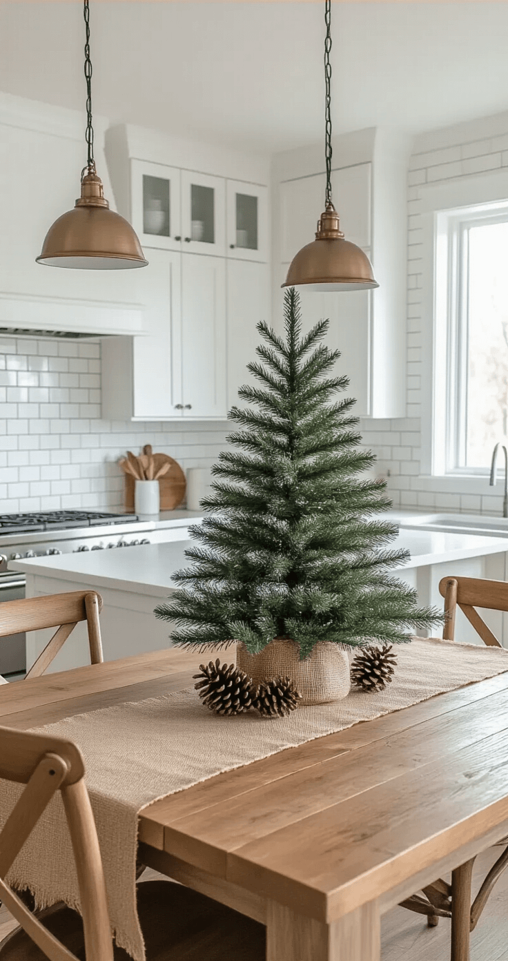 Open concept kitchen-dining area with white subway tiles, pendant lighting over a butcher block island, and a medium rustic wooden Christmas tree decorated with burlap ribbon and pinecone accents on the dining table, featuring modern farmhouse style, white cabinets, and a bright, fresh atmosphere.