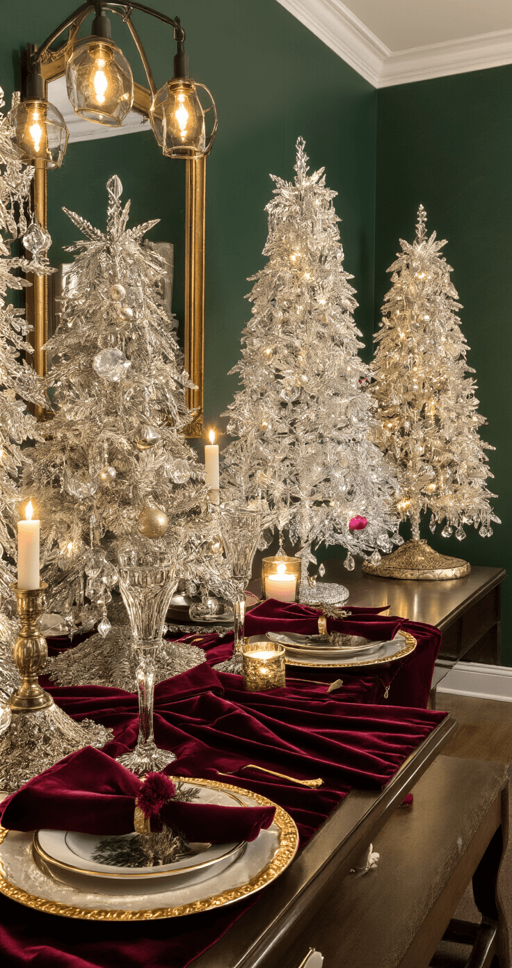An elegant intimate dining room with multiple crystal Christmas trees of varying heights on a dark walnut console, illuminated by warm pendant lighting. A burgundy velvet table runner adds texture beneath the trees, which sit atop gold metallic chargers that catch the light. The rich emerald walls and vintage mirror enhance the luxurious atmosphere, while candles and ornaments complete the layered styling in a dramatic, moody setting.