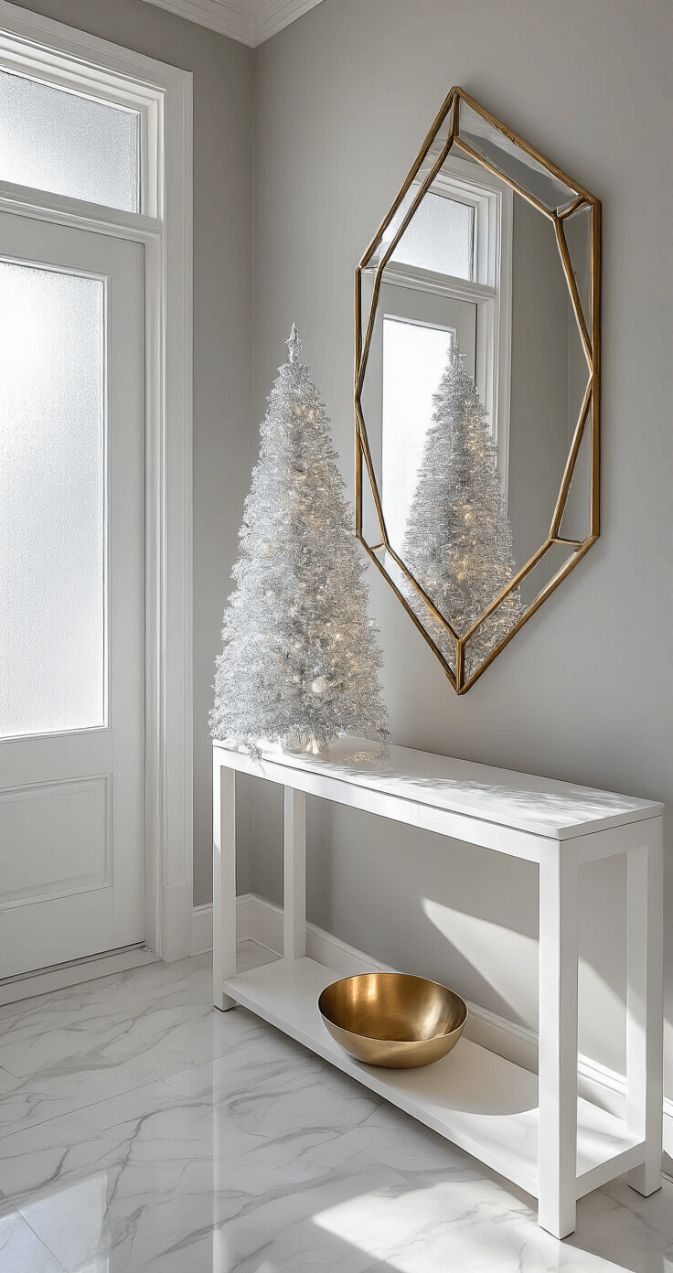Modern minimalist entryway featuring a large crystal Christmas tree on a sleek white console table, illuminated by bright natural light from a frosted glass door, with marble flooring, soft gray walls, a geometric mirror reflecting the scene, and a simple brass accent bowl nearby, creating a welcoming atmosphere.