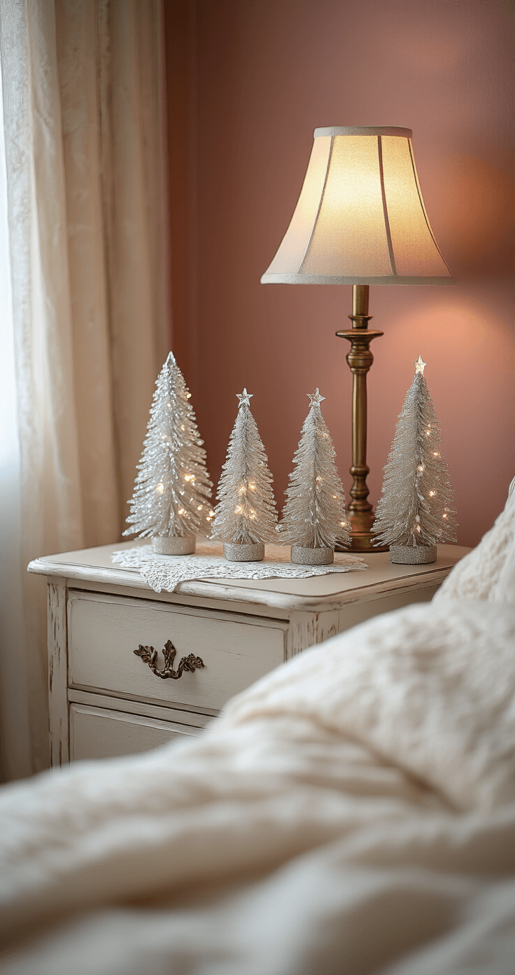 A cozy nighttime bedroom scene featuring small crystal Christmas trees on an antique nightstand, illuminated by a warm bedside lamp. The setting includes plush cream bedding, dusty rose walls, and vintage brass fixtures, with a delicate lace doily under the tree. Battery-operated LED lights enhance the sparkle of the crystals, creating a soft, romantic lighting that exudes a dreamy holiday mood.