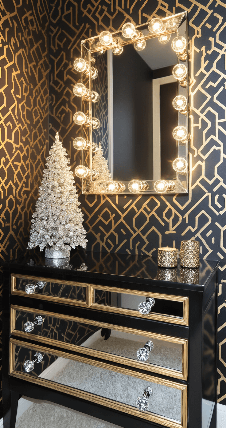 A luxurious powder room at twilight featuring a petite crystal Christmas tree on a floating vanity, surrounded by Hollywood-style bulb lighting. The black and gold color scheme is complemented by geometric wallpaper, crystal drawer pulls, and small metallic accessories. The mirror reflects the dramatic vanity lighting, creating a sophisticated sparkle.