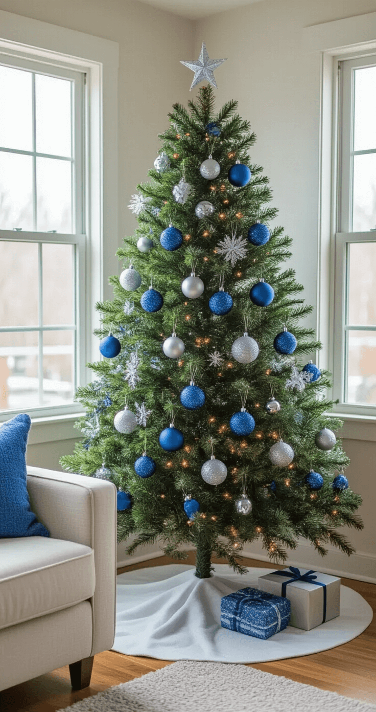 Blue and Silver Christmas Tree: A Winter Wonderland of Elegance Cozy apartment living room featuring a compact 6-foot Christmas tree adorned with a mix of DIY and store-bought blue ornaments and silver spray-painted decorations, surrounded by Ikea furniture and affordable accessories. Natural afternoon light streaming through small windows creates a warm atmosphere, with the tree placed in the corner on a simple white tree skirt, showcasing creative ornament arrangements and a variety of textures.