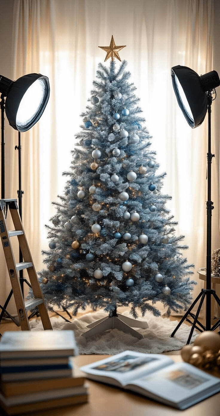 Blue and Silver Christmas Tree: A Winter Wonderland of Elegance A professional photography setup capturing a partially decorated blue-silver Christmas tree with a ladder and styling tools nearby, illuminated by golden hour lighting.
