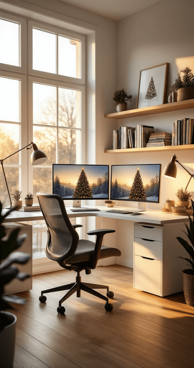 Modern home office with warm golden hour lighting, featuring a sleek white desk with dual monitors displaying Christmas tree designs, an ergonomic chair, and floating shelves filled with design books, set on warm wood floors.