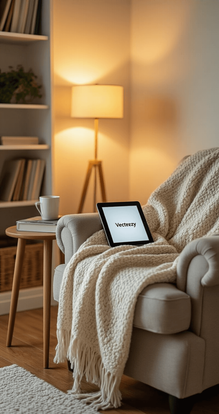 Cozy living room corner with a comfortable reading chair and small side table displaying a tablet, softly lit by evening ambiance from table lamps, featuring a warm throw blanket and a bookshelf, all in a cream and sage color palette.