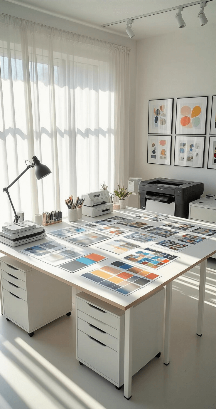 Bright creative studio filled with morning sunlight, featuring a large work surface covered in printed PNG samples, color matching tools, and a nearby professional printer. White storage units and polished white floors enhance the open feel, while a gallery wall displays framed designs. The overhead perspective captures a crisp and inspirational atmosphere.