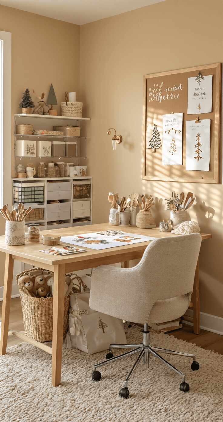 A cozy home craft room bathed in warm afternoon light, featuring a crafting table adorned with holiday card projects, organized supply storage, a comfortable task chair, a bulletin board filled with design inspirations, warm beige walls, a soft area rug, and personal touches that create an intimate crafting atmosphere.