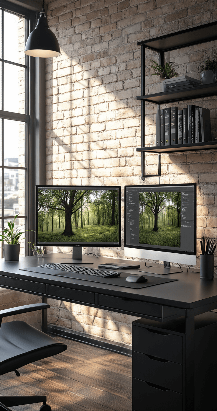 A modern graphic design office featuring a sleek black desk with a dual monitor setup displaying tree PNG collections, a wireless drawing tablet, and reference books, complemented by industrial-style shelving and an exposed brick accent wall. The scene is illuminated by late morning light and task lighting, highlighting dark hardwood floors in a professional atmosphere.