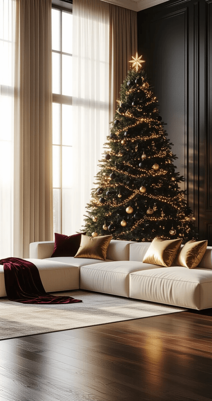 Luxurious living room with a 7-foot black Christmas tree beside floor-to-ceiling windows, bathed in golden hour sunlight. The tree is adorned with matte black ornaments, gold baubles, and crystal accents, while velvet burgundy ribbons cascade through emerald branches. A cream sectional with gold throw pillows complements the rich mahogany floors reflecting the tree's warm white fairy lights.