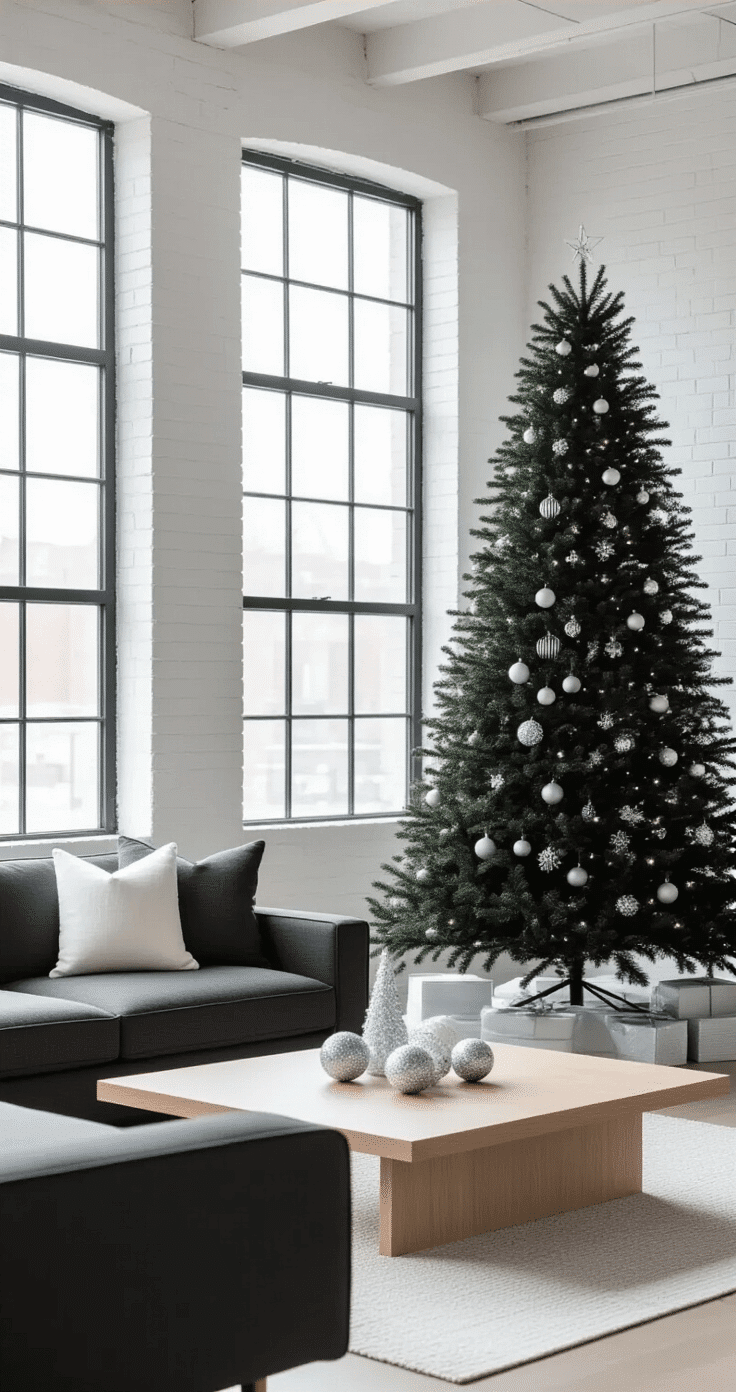 Modern minimalist living space with high ceilings and exposed white brick walls, featuring a black Christmas tree with silver ornaments, Scandinavian furniture, and soft morning light filtering through industrial windows.