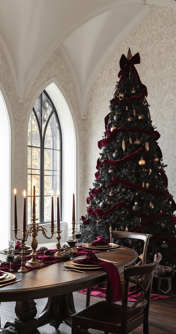 Dramatic gothic-inspired dining room with vaulted ceilings, featuring a towering black Christmas tree adorned with burgundy ribbons and gold ornaments, a mahogany dining table set with lavish linens, and warm candlelight casting flickering shadows on textured wallpaper.