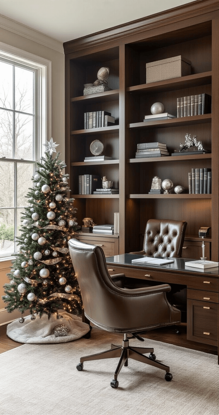 Sophisticated home office with dark walnut bookshelves and large windows, featuring a compact black Christmas tree adorned with silver ornaments and white lights, a leather executive chair, and a glass-topped desk, all in a neutral color scheme.