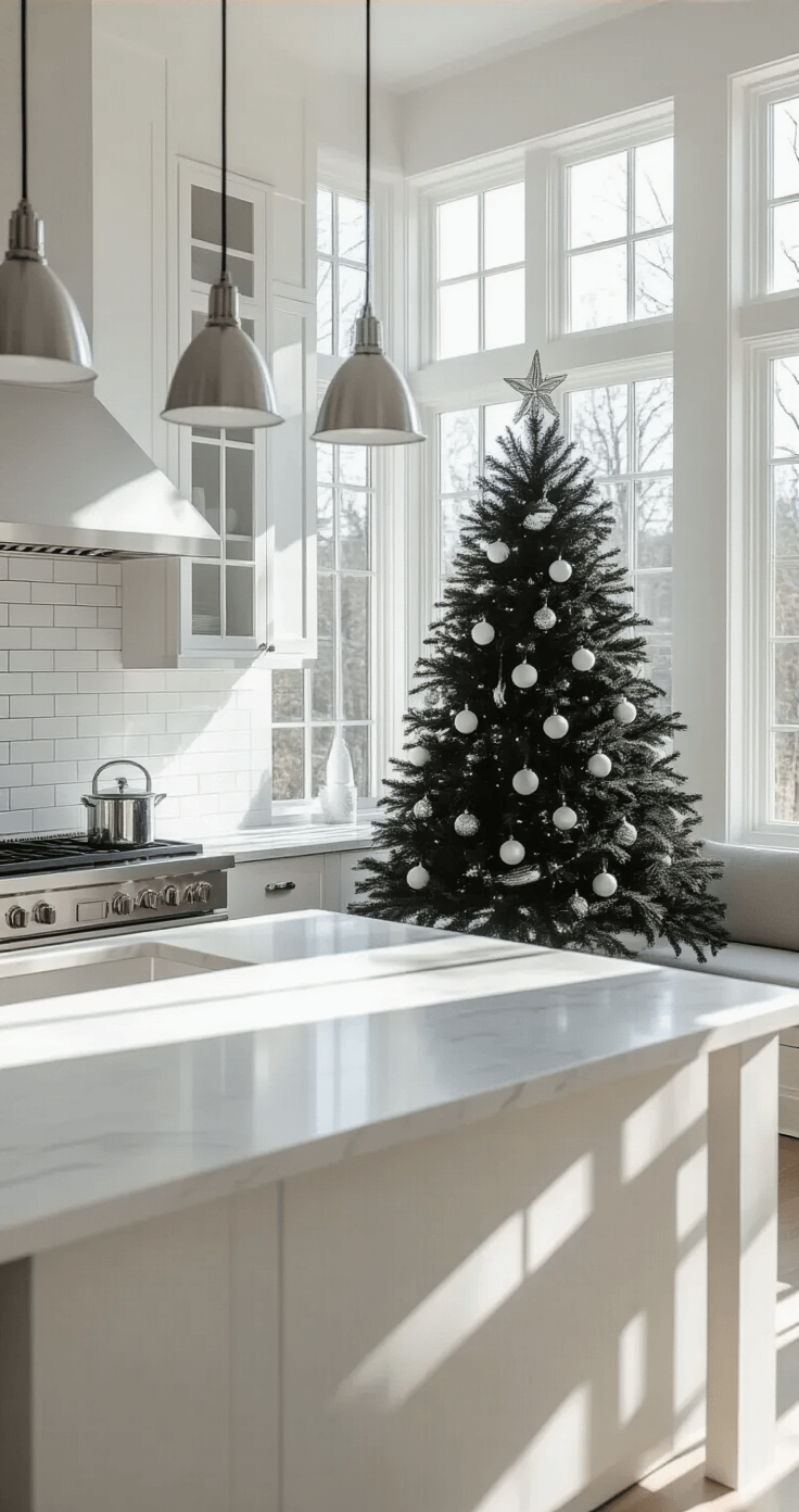 Open-concept kitchen and dining area featuring white marble countertops and subway tile backsplash, adorned with a sleek black Christmas tree in the breakfast nook. The tree is decorated with minimalist white ornaments and silver ribbon, illuminated by bright morning sunlight flooding through large windows. The space showcases stainless steel appliances, pendant lights, and a fresh color palette of whites, soft grays, and metallic silver details.