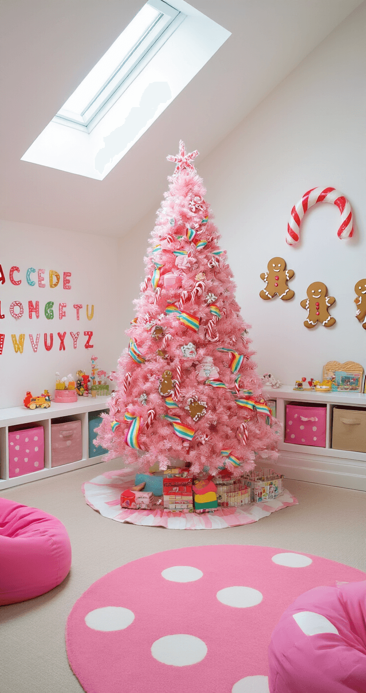 A whimsical children's playroom with a candy-themed pink Christmas tree, featuring candy cane ornaments and pink gingerbread figures, under a vaulted skylight. Colorful bean bags, toy storage cubes, and playful alphabet decals decorate the bright white walls with pink accents, while a pink and white polka dot rug adds a cheerful touch. The scene is captured from a child's eye level, highlighting the bright, lively atmosphere.