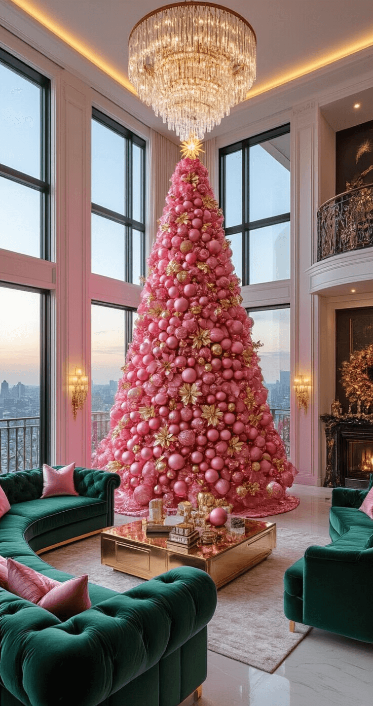 Luxurious living space with a dramatic pink and gold Christmas tree, double-height ceiling, crystal chandelier, and city views, featuring a velvet emerald sofa, brass coffee table, and marble accents, all adorned with warm evening lighting.