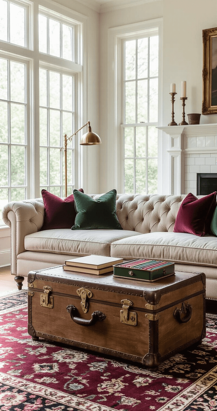 Elegant living room with tufted beige sofa and colorful pillows, antique wooden trunk as coffee table, and a Persian rug, illuminated by soft afternoon light.