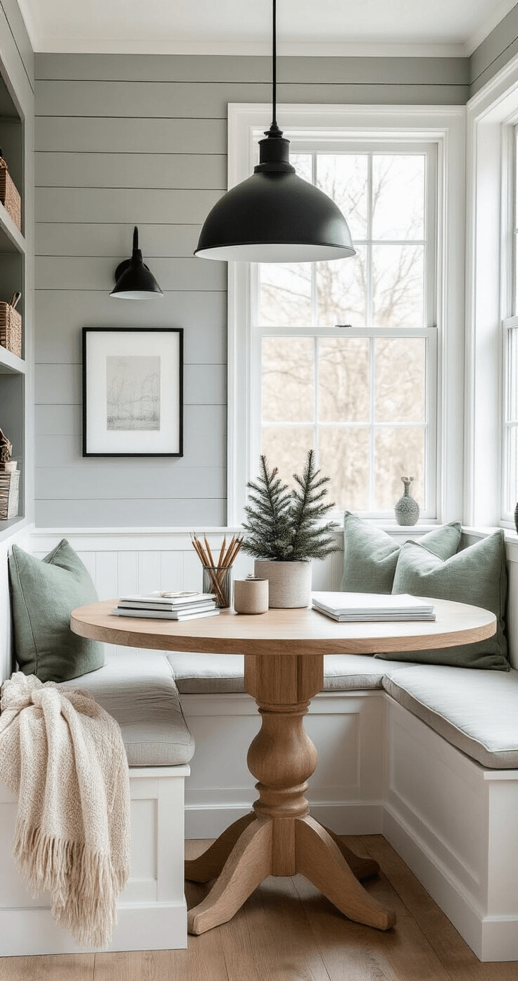Scandinavian-inspired dining nook with built-in white bench seating and sage green cushions, featuring a round oak table set up as an organized art station, surrounded by dove gray shiplap walls and illuminated by matte black pendant lighting.