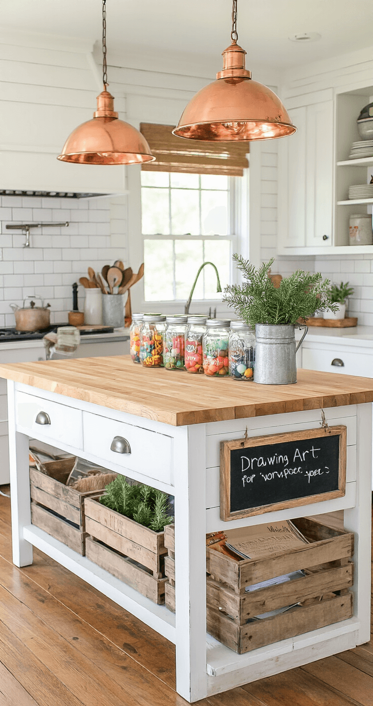 A rustic farmhouse kitchen island turned art workspace, featuring a butcher block top, white shiplap base, colorful art supplies in mason jars, vintage crates with paper, a small chalkboard with drawing steps, copper pendant lights, a subway tile backsplash, and fresh pine sprigs in a galvanized bucket, captured from a slight elevated angle with warm kitchen lighting.