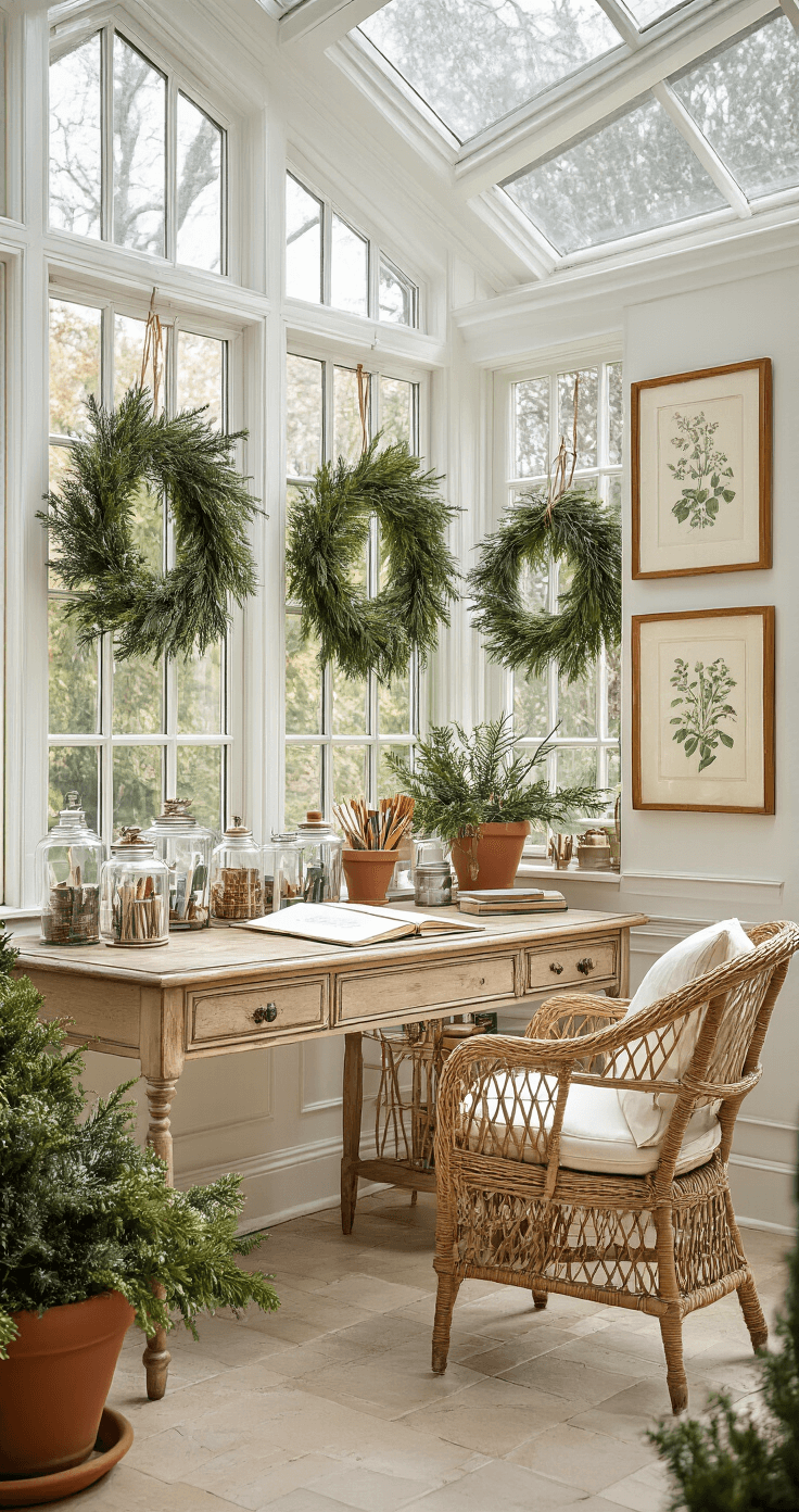 A sunlit conservatory with floor-to-ceiling windows, featuring an antique oak writing desk, delicate glass containers with art materials, evergreen wreaths, vintage botanical prints, a wicker chair, and terra cotta pots with winter greenery.