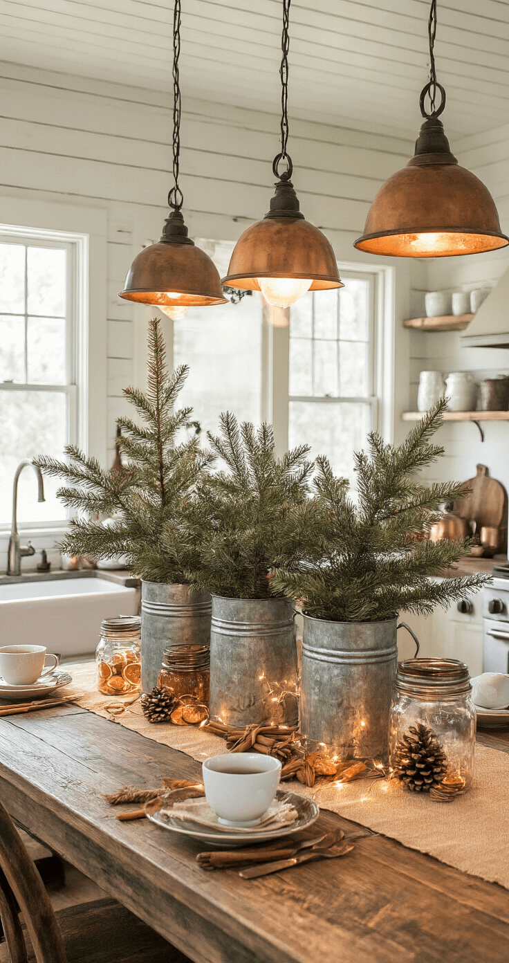 Cozy farmhouse kitchen with shiplap walls, pendant lighting, and a reclaimed wood island adorned with vintage galvanized buckets of noble fir branches, copper pots, cinnamon sticks, and dried orange slices, all bathed in warm amber and sage green tones.