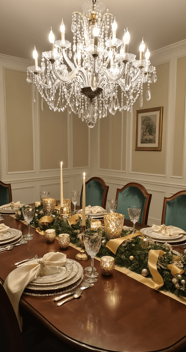 Elegant dining room featuring a mahogany table adorned with a Douglas fir centerpiece, gold ribbon, and mercury glass votives, surrounded by upholstered chairs. A crystal chandelier casts prismatic light above layered fine china and silk napkins, with a deep emerald, champagne gold, and ivory color scheme, creating a warm evening ambiance.