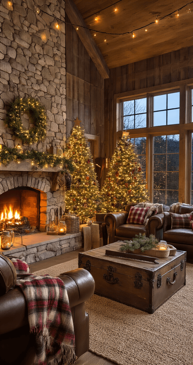 Cozy rustic family room at twilight featuring a stone fireplace, barnwood accent wall, large decorated Christmas tree, worn leather armchairs, vintage trunk coffee table, and warm lighting, capturing a nostalgic atmosphere perfect for gatherings.
