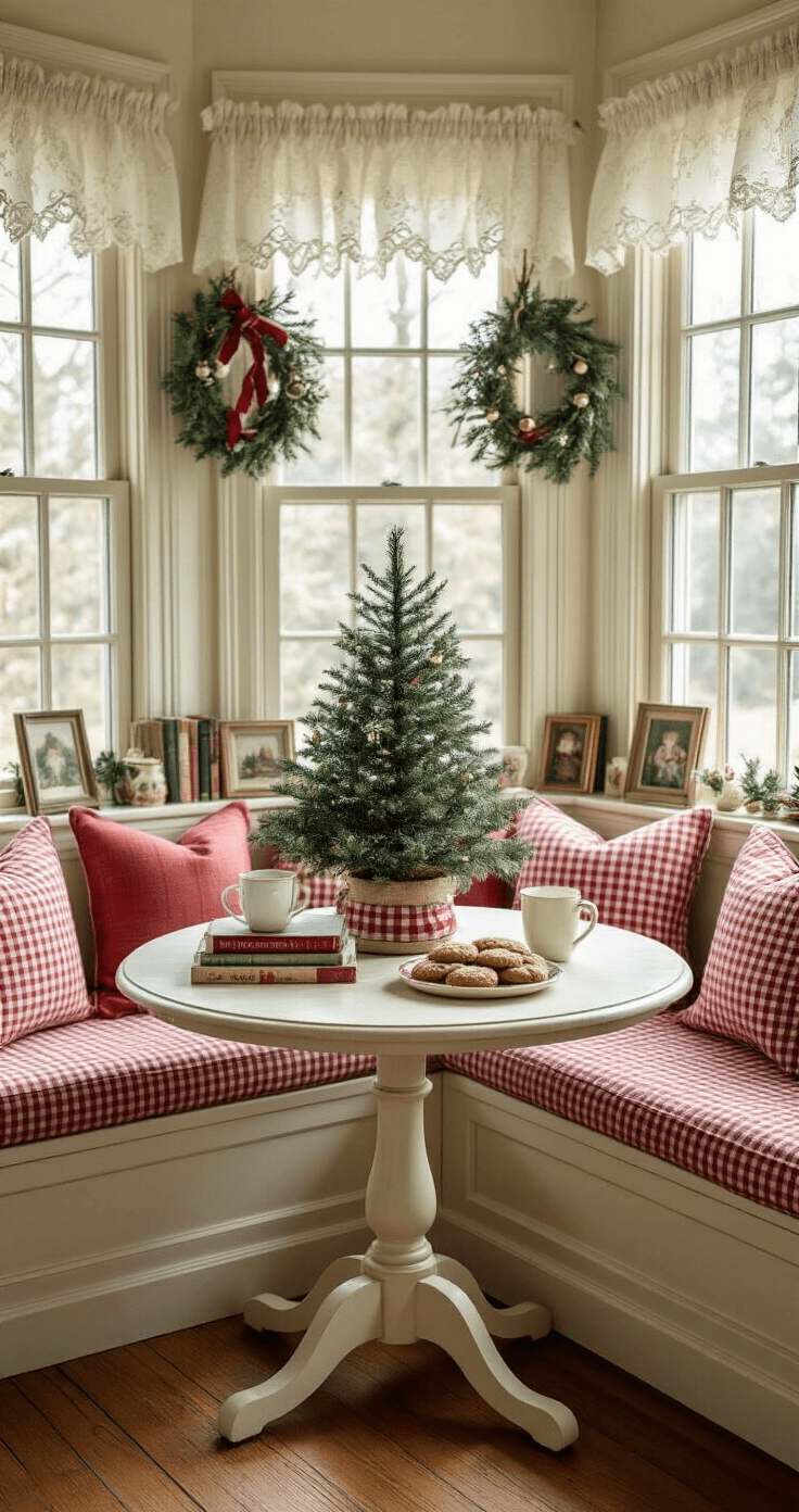 Charming breakfast nook with built-in banquette seating, mullioned windows, framed by soft morning light and lace curtains. A small potted Christmas tree on a pedestal table is surrounded by vintage holiday books and ceramic mugs. Gingham cushions, quilted throws, and fresh-baked cookies add to the cozy ambiance, enhanced by hand-painted ornaments and ribbon garlands. The scene features a warm red, green, and cream color palette, evoking a nostalgic family atmosphere.