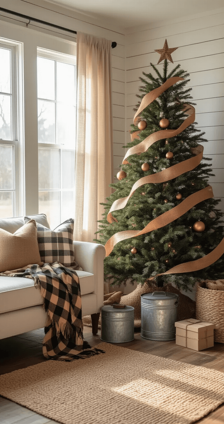 Rustic farmhouse living room featuring a beautifully decorated Christmas tree with burlap and copper metallic ribbons. Warm sunlight streams through sheer curtains, illuminating reclaimed wood floors and a shiplap accent wall. Cozy decor includes galvanized metal containers, plaid throw blankets, and wooden ornaments, with natural textures of jute, linen, and aged wood enhancing the inviting atmosphere.
