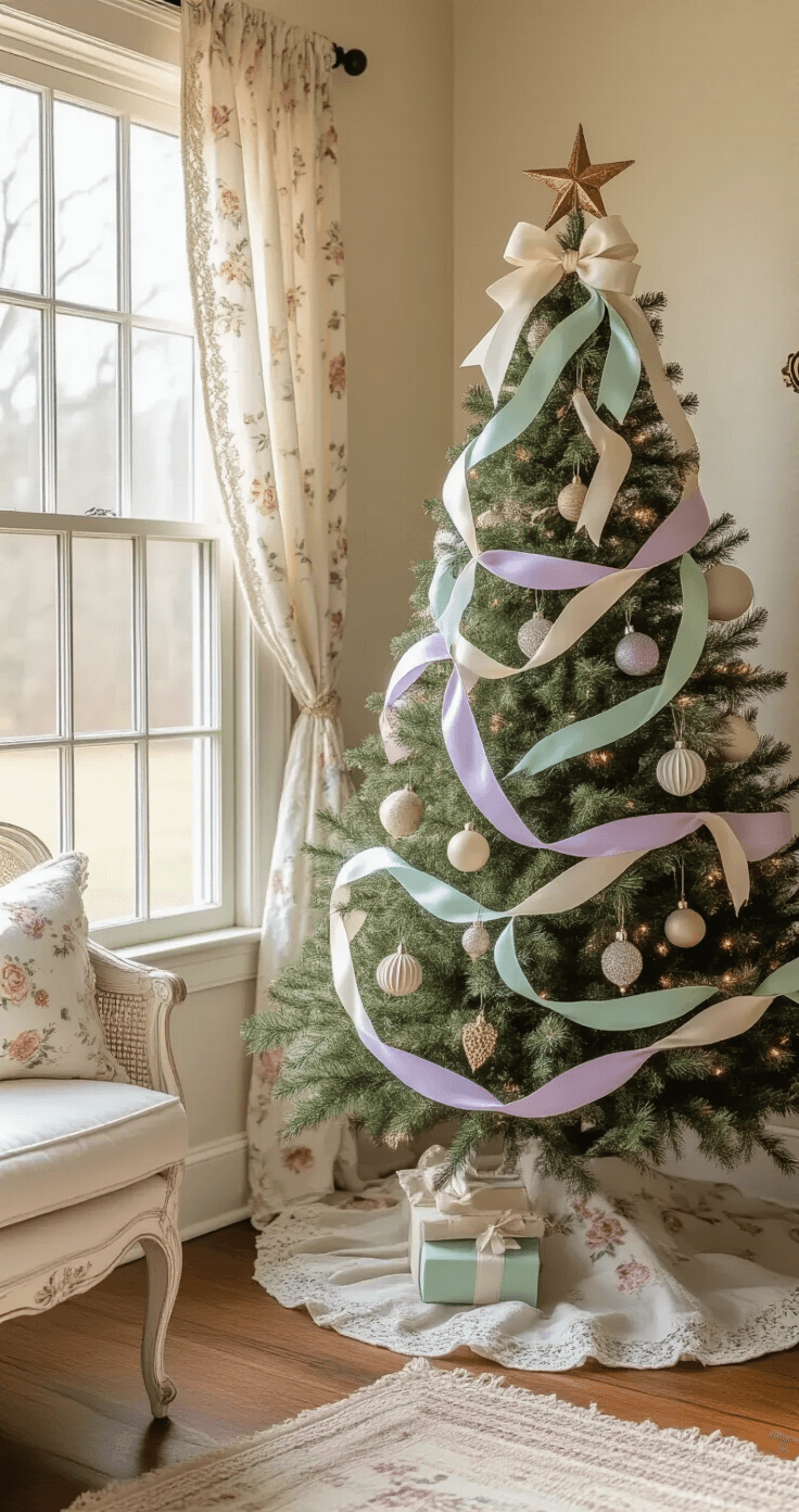 Cozy cottage interior featuring a Christmas tree adorned with soft pastel ribbons, bathed in golden afternoon light, with vintage hardwood floors, distressed furniture, and lace curtains, evoking a peaceful holiday charm.