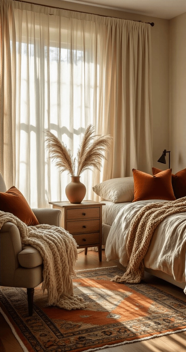 Intimate bedroom scene with soft morning light filtering through sheer curtains, featuring a queen bed with textured linen bedding in warm caramel tones, a chunky wool throw, and rust-colored velvet pillows; a weathered oak nightstand with a ceramic vase of pampas grass; a cozy reading nook with an oversized armchair and knitted blanket; hardwood floors adorned with a vintage Persian rug, creating a serene autumn morning atmosphere.