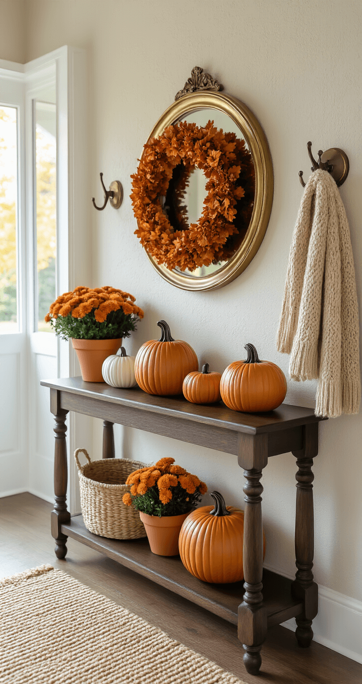 Welcoming entryway vignette with a narrow dark walnut console table displaying graduated burnt orange and cream ceramic pumpkins, a small autumn wreath on a textured wall, a woven jute runner, a vintage brass mirror, small potted mums in terra cotta planters, and coat hooks adorned with chunky knit scarves, all bathed in warm natural daylight for an inviting atmosphere.