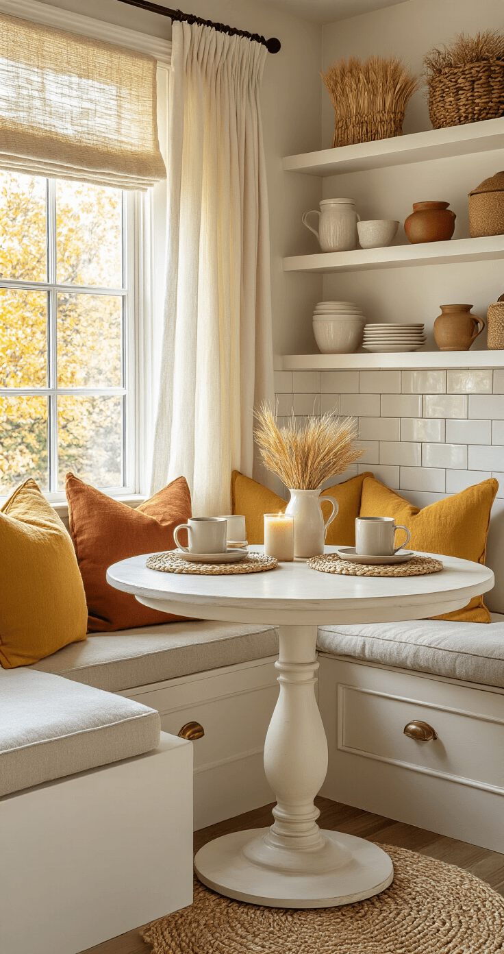 Cozy kitchen breakfast nook with soft morning light filtering through cafe curtains, featuring a small round pedestal table, ceramic coffee mugs, autumn-scented candles, woven placemats, built-in banquette seating with mustard yellow cushions, and rust-colored throw pillows, accented by open shelving with seasonal pottery and dried wheat bundles, subway tile backsplash, and vintage brass hardware, creating an intimate and warm domestic atmosphere.