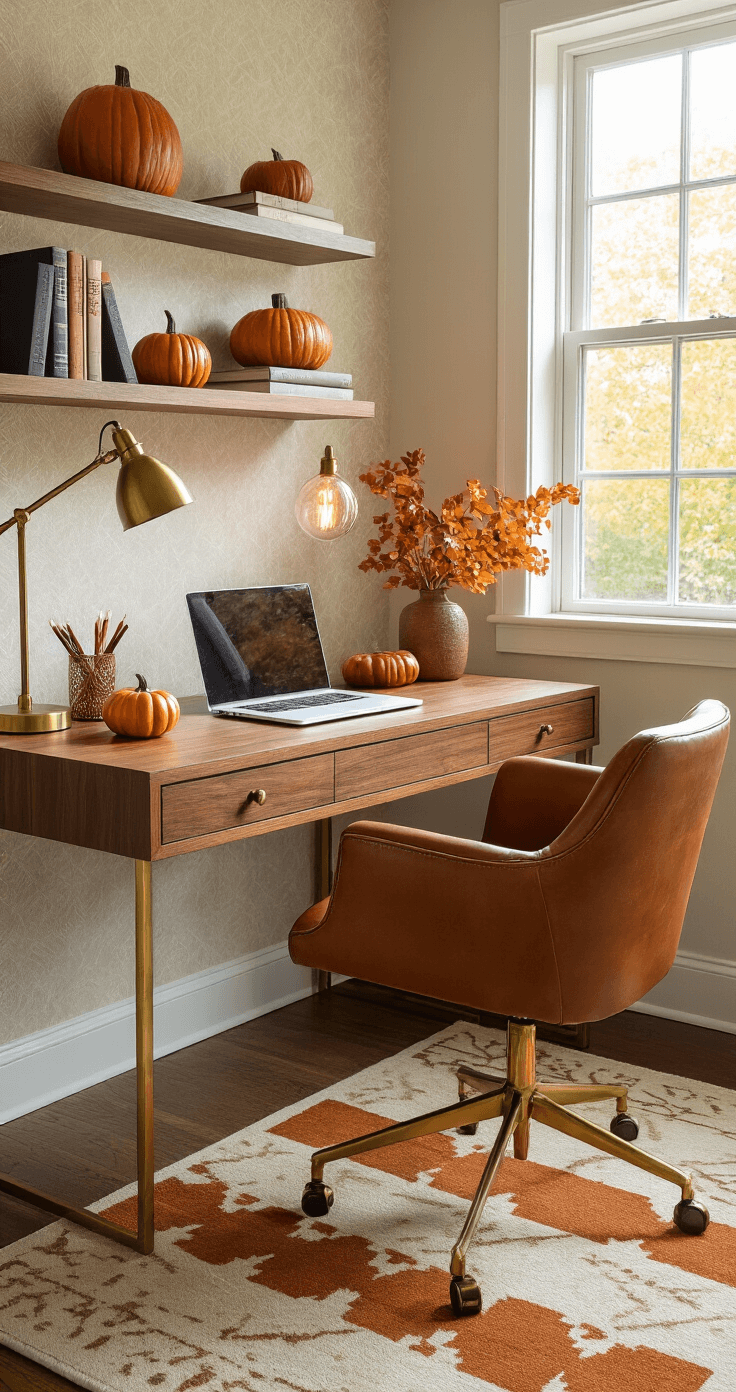 Multi-functional home office corner featuring a mid-century modern walnut desk with brass legs, a cognac leather desk chair, and floating shelves adorned with ceramic autumn decor and books. A geometric patterned area rug in fall colors complements the space, illuminated by warm natural light from a nearby window. The setup includes a desk lamp with an Edison bulb, ceramic pen holders, and small pumpkin accents, all against a textured wall with a subtle pattern, creating a productive yet cozy atmosphere.