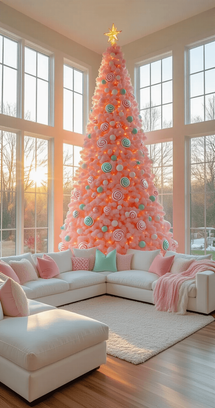 Spacious modern living room decorated for Christmas with a 12-foot Candyland tree adorned with oversized pastel lollipop ornaments, surrounded by a white sectional sofa and colorful throw pillows, reflecting warm sunlight through tall windows.