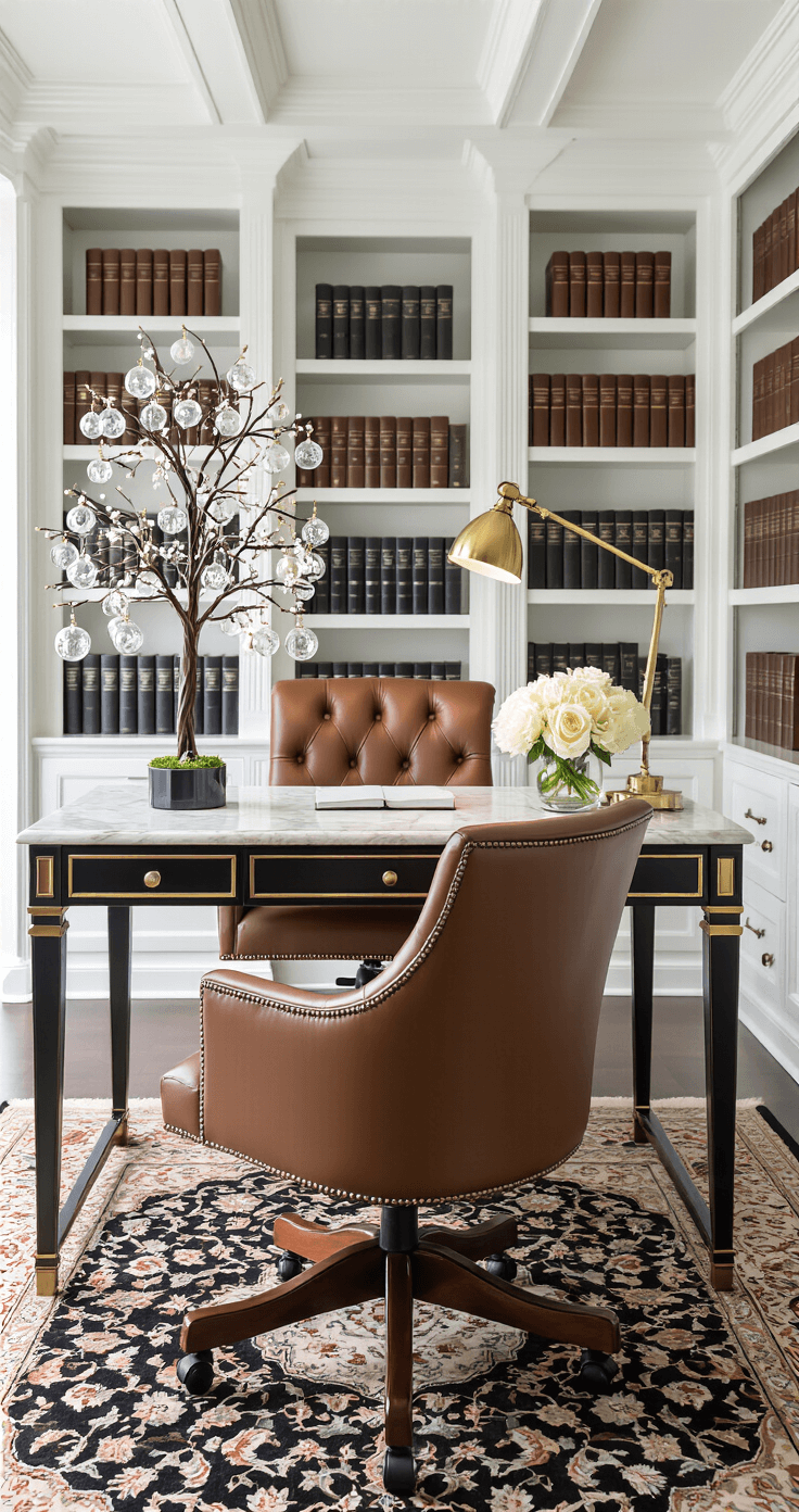 Sophisticated home office featuring an elegant tabletop tree with glass baubles, a marble desk with a leather executive chair, built-in bookshelves, fresh white flowers, and a black and gold color scheme, captured in an overhead shot with professional lighting.